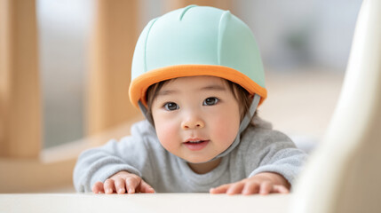 Toddler playtime safety indoors with helmet on slide