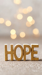 Inspirational vertical poster design featuring the word hope in glittering letters against twinkling light background