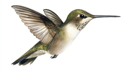 Fototapeta premium Detailed illustration of a tiny hummingbird in flight, showcasing feathers, beak, and eye