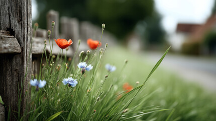 Wild natural garden with vibrant flowers along rustic wooden fence in summer