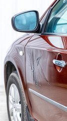 Close-up of dark cherry colored vehicle with scratched door surface