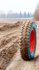 Vibrant truck wheel on outdoor muddy path with pantone 186c accents for vehicle themed design