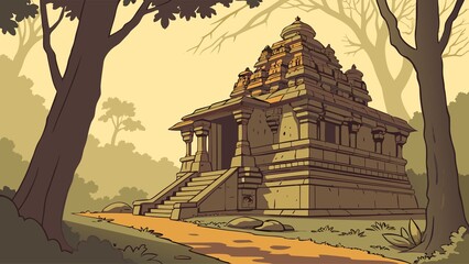Ancient Dravidian Temple in Forest Illustration