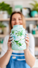 Diy enthusiast displaying hand painted vase with floral design