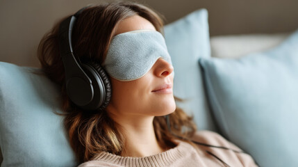 Tranquil woman resting with eye mask and headphones for mindful relaxation