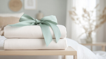 Elegant stack of folded linen sheets with stylish green bow for home decor and gift presentation