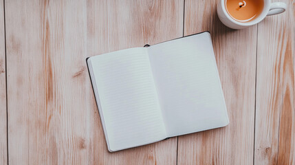 Cozy scene with anxiety and depression journal open on wooden table next to warm cup of tea