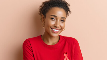 Confident smiling patient promoting sickle cell awareness with red ribbon symbol
