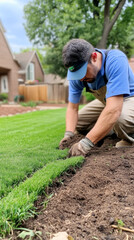 Homeowner laying sod in backyard for lawn renovation and landscaping