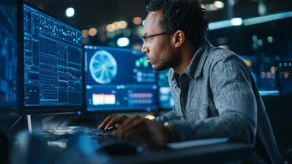 Machine learning engineer programming algorithms on multiple screens optimizing models to forecast customer actions with advanced AI tools. - Powered by Adobe