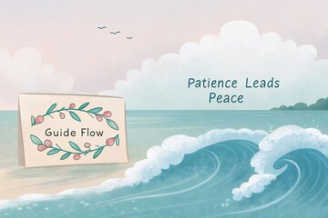 Soft pastel wave with inspirational quote Patience Lead Peace on beach