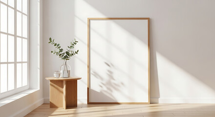 Minimalist interior with a blank frame on the floor, bathed in sunlight streaming through a window, beside a small wooden table with a plant