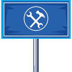 Blue Rectangular Sign With Crossed Wrench and Hammer Symbol On Pole With Transparent Background