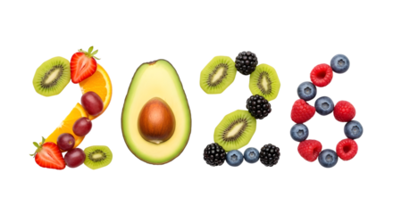 The year 2026 is spelled out with fresh fruit