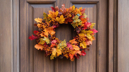 Fototapeta premium Rustic Handmade Autumn Wreath on Wooden Door