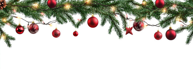 Seamless decorative christmas border with coniferous branches and garlands of christmas lights and ornaments festival plant tree.