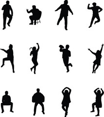 Dynamic human silhouette collection, various action poses, energetic movement figures, dancing, running, jumping characters, versatile black shadow illustration set