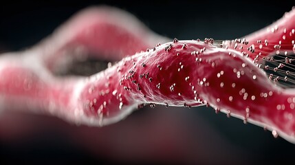 Abstract close-up of a red and white twisted structure against a dark background.