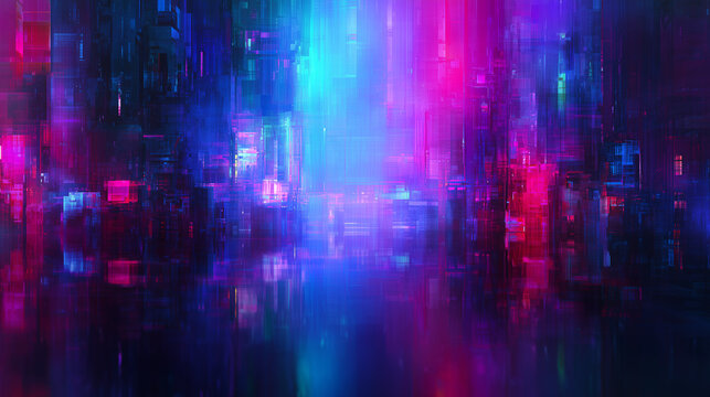 Abstract vertical streaks of vibrant neon blue and pink light create a futuristic cityscape