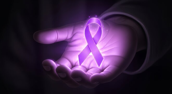 Glowing purple awareness ribbon held gently in a cupped hand, symbolizing various causes and support.