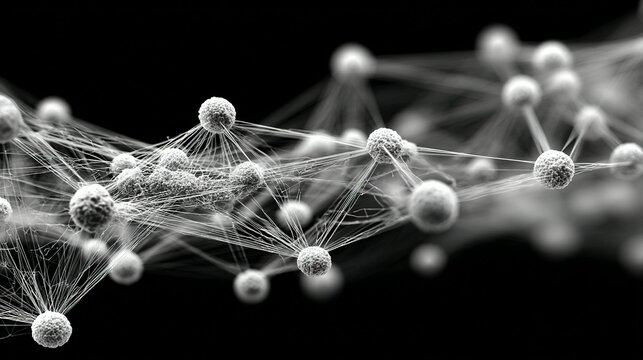 Abstract network of connected spheres and lines on a dark background.