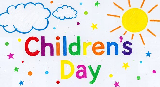Colorful "Children's Day" text with playful dots, stars, cloud, and sun in a child-like drawing style on a white background.