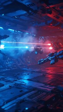 Futuristic Spaceship Battle Neon Blue Red Lights