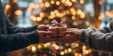 Obraz premium Hands exchanging a gift with red ribbon in front of glowing Christmas lights.