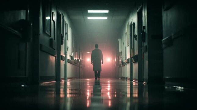 Doctor Walks Dark Hospital Corridor