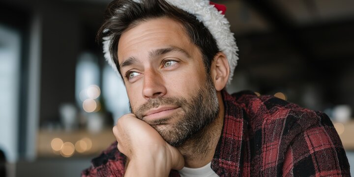 Man in Santa hat gazing thoughtfully, with soft holiday lights behind him.