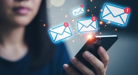 Mobile Email Notification: Woman Holding Smartphone Displaying Multiple Glowing Envelope Icons with Message Counters for Digital Communication and Online Alerts