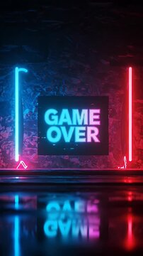Game Over Glitch Screen Neon Lights Blue Red