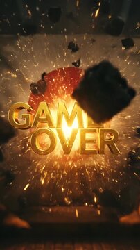 Game Over Cinematic Explosion Sparks Debris Golden Text