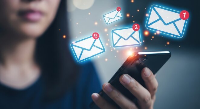 Mobile Email Notification: Woman Holding Smartphone Displaying Multiple Glowing Envelope Icons with Message Counters for Digital Communication and Online Alerts