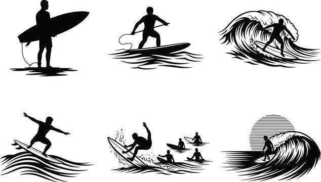 Surfing vector illustration collection, ocean wave silhouettes, beach sport design, summer adventure art, surfboard and surfer action poses, tropical sea lifestyle concept