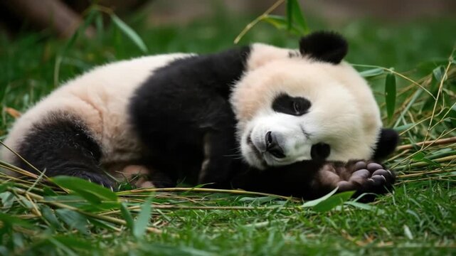 Resting panda in green grass with black and white fur