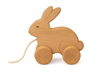 Wooden pull toy rabbit on wheels with string
