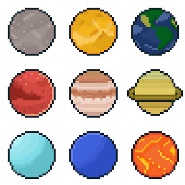 8-bit pixel art planet icon set
