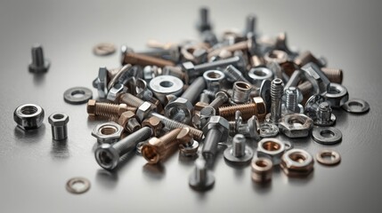 A pile of assorted nuts bolts and washers on gray surface