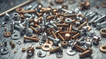 A close up shot of various nuts bolts and washers on metal