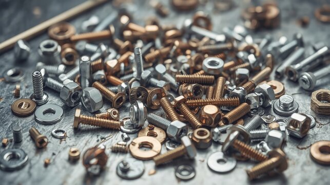 A close up shot of various nuts bolts and washers on metal