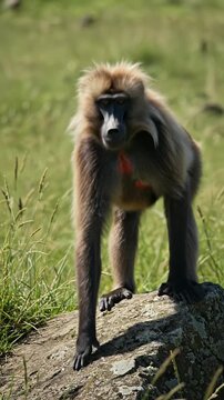Gelada Baboon Stands On Rock In Grassy Field Sunny Day