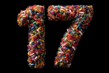Colorful Number 17 Made of Assorted Rubber Bands on Black Background