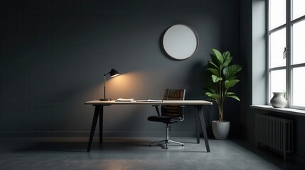 Modern minimalist home office workspace with a sleek desk, comfortable chair, and a warm inviting lamplight.