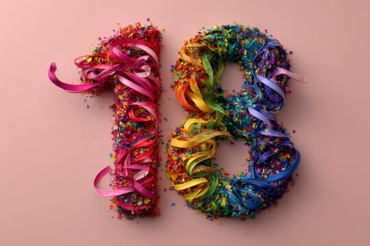 Colorful Celebration of 18th Birthday with Confetti and Ribbons