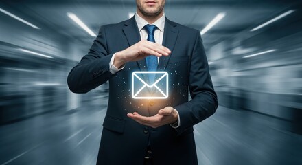Email Protection: A professional figure, dressed in formal attire, projects an email emblem symbolizing security and technological protection.