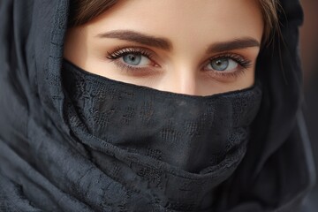 Naklejka premium Arab Woman in Black Scarf Wearing Protective Mask for Virus Prevention: Close-Up Shot of Muslim Woman Guarding Against COVID-19
