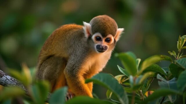 Squirrel monkey perched on a branch in a forest environment