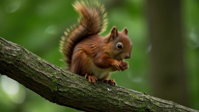 Squirrel perched on tree branch with green foliage background
