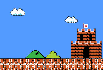 Nostalgic 8-bit video game landscape featuring a brick castle with a flag, green hills, pixelated clouds, and a classic blue sky. A retro gaming concept. © Yuliantini